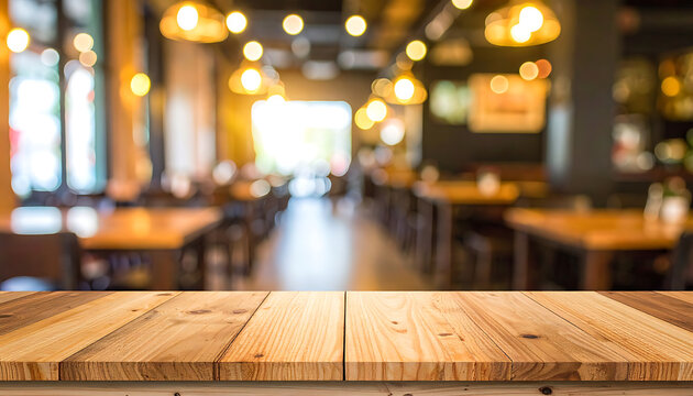 Empty restaurant interior with warm lighting and wooden tables, soft focus background, ready for use