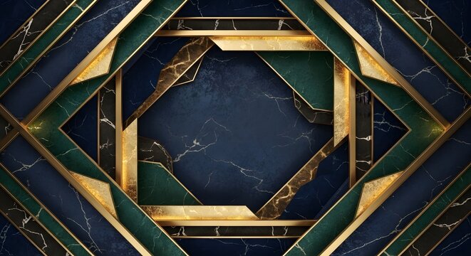 Abstract geometric composition featuring layered dark blue marble panels with gleaming gold metallic accents and sharp angular architectural frame shapes