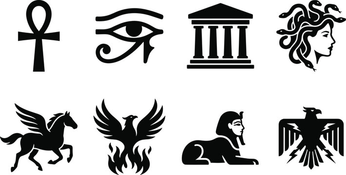 Ancient Symbols and Mythological Heritage Vector Icon Collection, ankh eye temple medusa pegasus sphinx and classical civilization emblem graphics