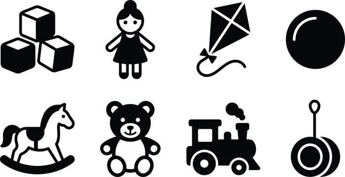 Children Toys and Playtime Objects Vector Icon Set, building blocks doll kite ball rocking horse teddy bear toy train and childhood entertainment symbols