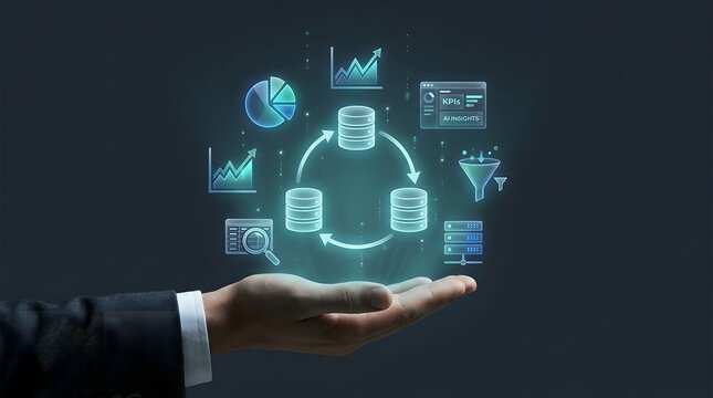 A business person presenting a digital data ecosystem hologram showing database management, analytics, and information processing in a corporate.