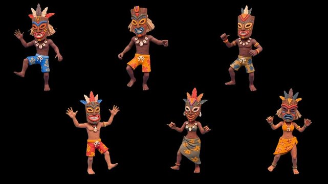 Cute Tribal Tiki Voodoo African Caribbean Dancers Animation Pack and masks, stylized 3D Cartoon Island Characters Dancing on Black Background in 4K
