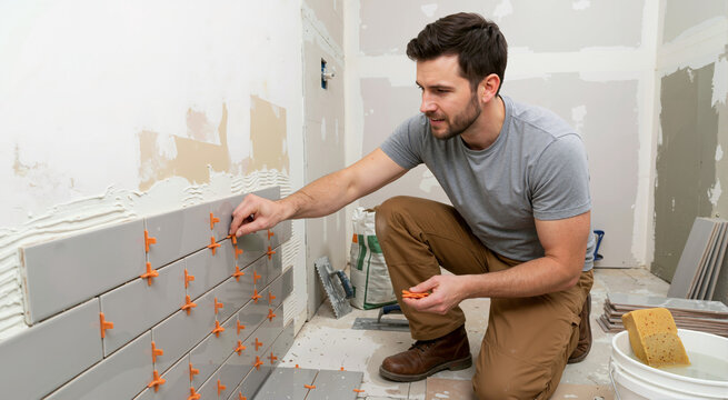 Tiler installing wall tiles with spacers. Professional worker applying ceramic tiles in bathroom renovation