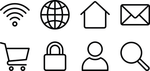 Web and Online Services Vector Icon Collection, wifi globe home envelope shopping cart user search and digital communication symbols for internet applications © ArtMint