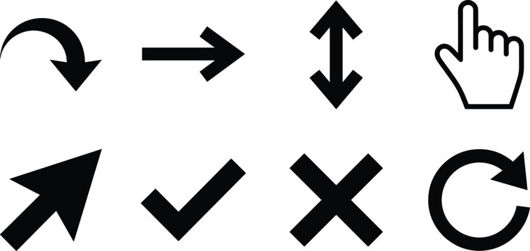 Navigation Arrows and Interface Actions Vector Icon Collection, up down left right diagonal pointer check cross refresh and cursor symbols for digital applications