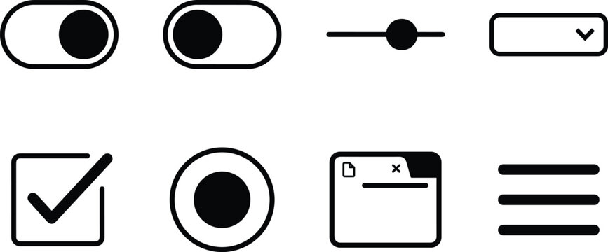 Toggle Switches and Interface Controls Vector Icon Set, on off slider checkbox radio button dropdown menu and selection input symbols for modern UI design