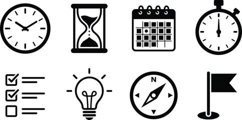 Time Management and Productivity Vector Icon Set, clock hourglass calendar stopwatch checklist lightbulb compass and goal planning symbols for business organization systems © ArtMint