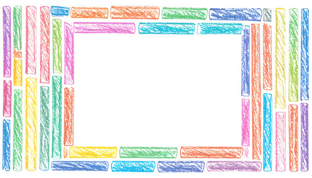 Decorative colorful rectangular frame made of pastel crayon strokes, outer border of vertical strokes, inner border of horizontal strokes, clean white empty space inside