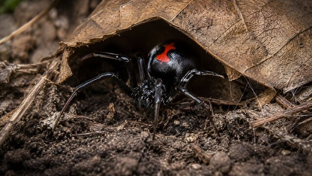 Black widow spider hiding under dry leaf