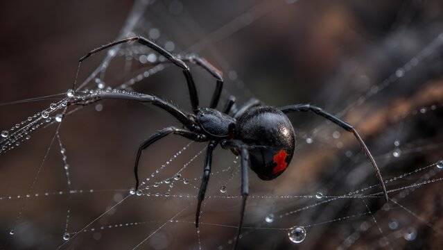 Black widow spider on web with water droplets