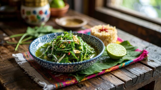 Sri Lankan dishes. The main green dish of the island is the traditional sambol salad Gothukola Sambol.