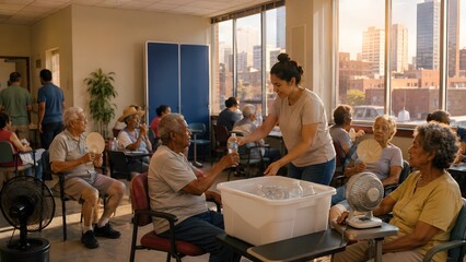 Fototapeta premium Community cooling center distributing water to seniors during extreme heat