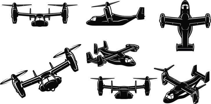 V-22 Osprey Tiltrotor Aircraft Bold Graphic Illustration Set 8 Views Front Side Top Isometric Vector