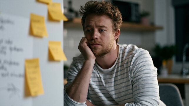 Frustrated solo founder surrounded by sticky notes and whiteboard diagrams in a cramped apartment kitchen at dawn, scribbling user interview questions before cold-calling