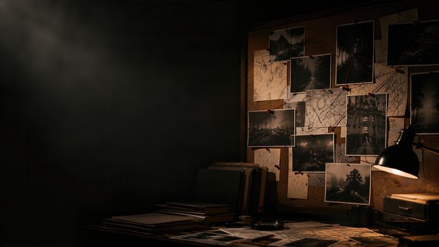 Detective evidence board with pins and red thread connected to dark mystery photos. Dark office tabletop with lamp and copy space. Criminal investigation concept for thriller background.