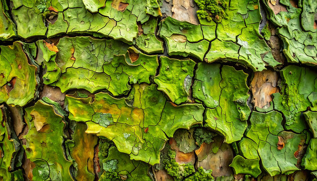 Detailed closeup of vibrant green moss growing on rough tree bark texture, natural pattern with cracked segments and organic shapes
