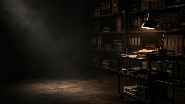 Dark archive room interior with focused lamp light on stack of cold case files. True crime investigator workplace background with copy space for mysterious investigation story themes.