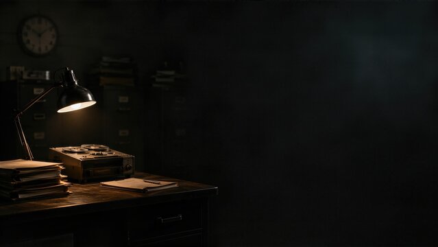 Vintage desk with tape recorder and stack of documents in dark office. True crime investigation background with copy space. Classic detective police case file analysis atmosphere.