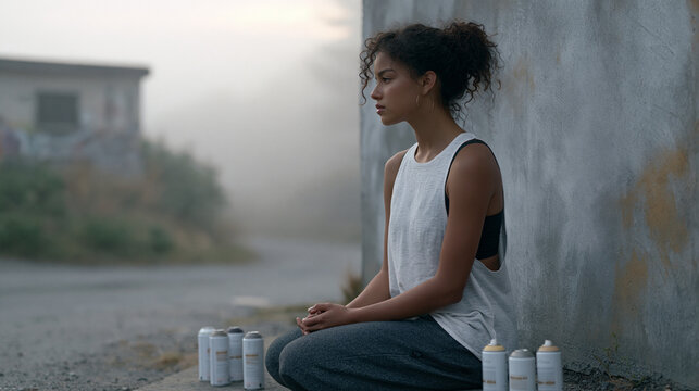 Emerging muralist staring up at a blank concrete wall in a fog-filled urban alleyway, spray cans arranged at her feet, self-doubt and determination written across her face,