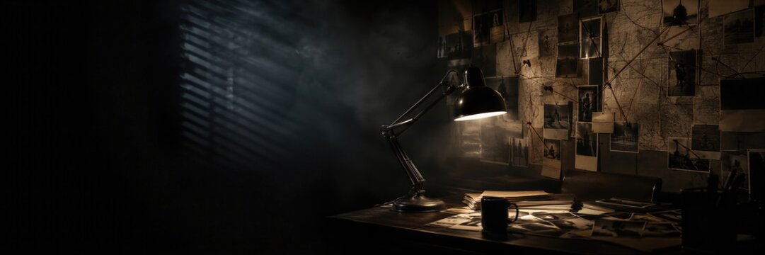 Crime investigation wall with evidence photos and connected yarn on map. Detective office desk with lamp in dark room. Mystery thriller background with copy space for text.