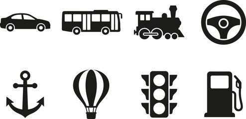 Transportation and Mobility Vector Icon Set, car bus train steering wheel anchor hot air balloon traffic light fuel pump and urban travel symbols for infrastructure themes © ArtMint