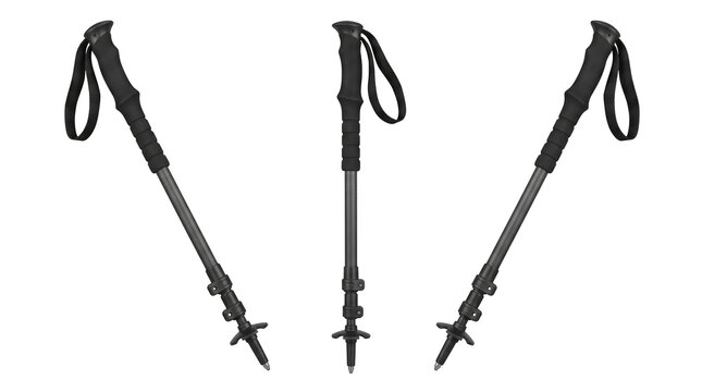 Set of 3 multi-angle views of adjustable carbon fiber trekking poles hiking walking sticks, transparent background, 8K, PNG