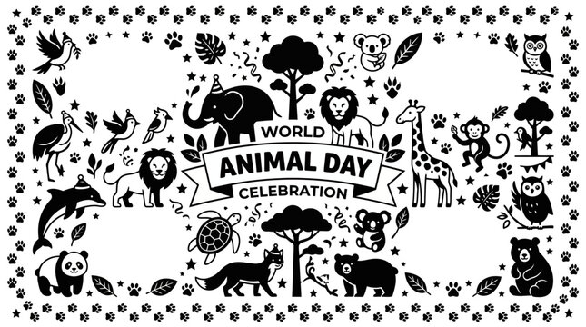 World Animal Day celebration hand drawn doodle banner with cute wild animals.