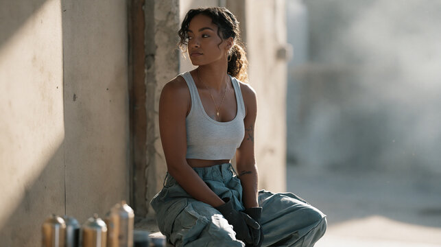 Emerging muralist staring up at a blank concrete wall in a fog-filled urban alleyway, spray cans arranged at her feet, self-doubt and determination written across her face,