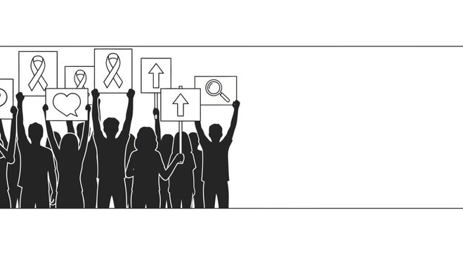 Silhouette of a crowd of protesters holding signs with symbols.