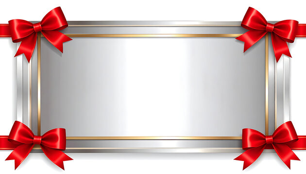Elegant metallic frame with ornate red bows, festive decoration, celebration border, gift concept