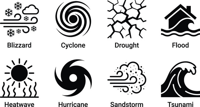 Extreme Weather and Natural Disaster Vector Icon Set, blizzard cyclone drought flood hurricane heatwave sandstorm tsunami and climate crisis symbols for awareness campaigns