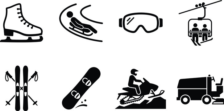 Winter Adventure and Ice Sports Vector Icon Collection, ski equipment snowboard goggles snowmobile cable car and alpine activity symbols for cold season recreation and mountain tourism design