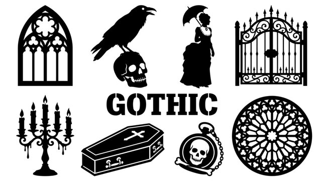 Gothic Silhouette Vector Elements Set Featuring Raven on Skull Coffin Victorian Lady Candelabra and Cathedral Architecture Icons for Dark Halloween Design