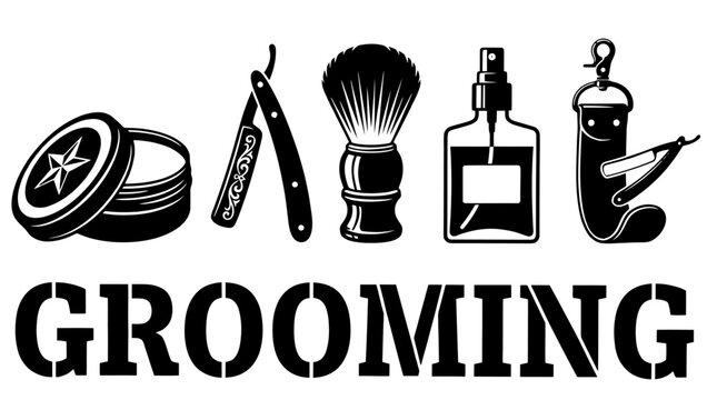 Set of Men's Grooming and Barber Shop Tools Icons, Professional Shaving Equipment Vector Illustration, Barbershop Symbols with Straight Razor, Shaving Brush, Pomade and Spray Bottle