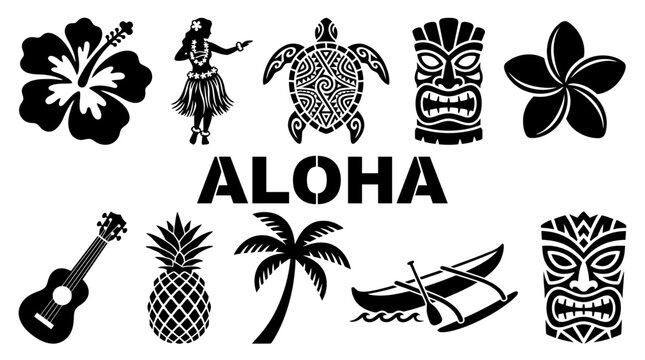 Hawaii Tropical Vector Icon Set Featuring Tiki Masks, Hula Dancer, Sea Turtle, Hibiscus Flower, Palm Tree, Pineapple, Ukulele and Outrigger Canoe Silhouettes with Aloha Text