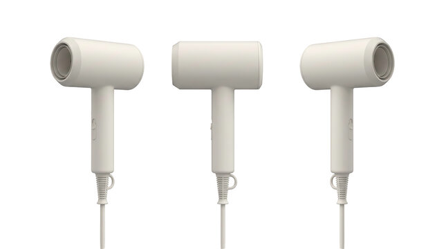 Set of 3 multi-angle views of modern white ionic hair dryer professional blow dryer blower, transparent background, 8K, PNG