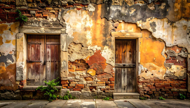 Dilapidated historic building facade with crumbling plaster, weathered wooden doors, and exposed brickwork, conveying urban decay and timeless architecture