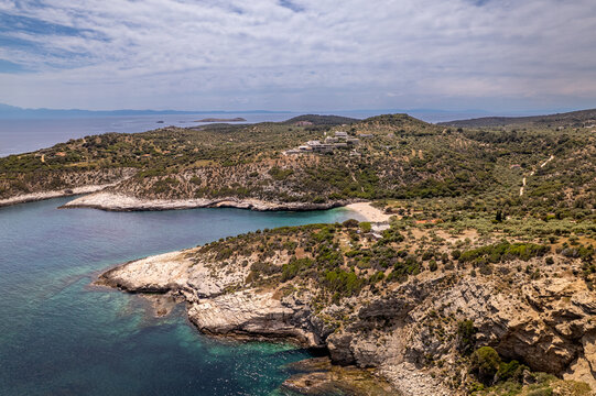 Kalogria beach aerial view, sithonia, greece coastline