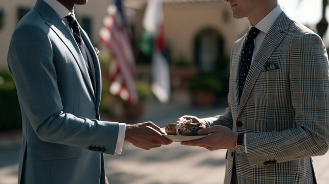 Two diplomats in formal dress exchange handcrafted ceramic gifts at a sunlit embassy courtyard, flags of two nations softly blurred in the background, perfect for cultural