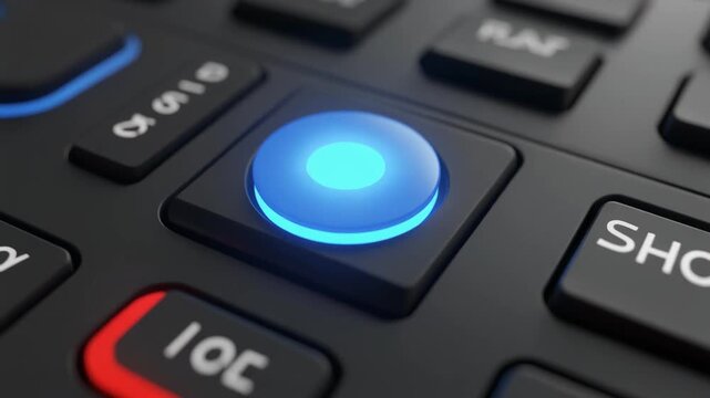 A close‑up of a finger pressing a glowing blue button on a control panel, symbolizing technology, interaction, and precision.