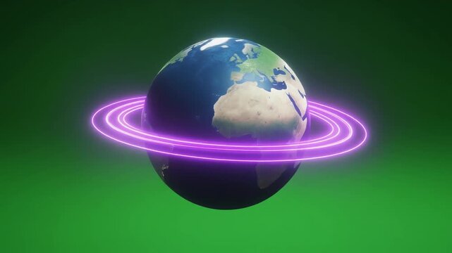 Digitally rendered Earth with glowing purple rings orbiting around it on a bright green background, symbolizing futuristic planetary design, cosmic energy, and imaginative science fiction.