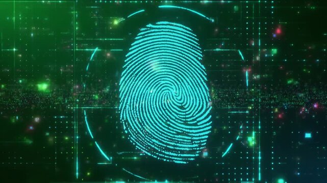 Digital fingerprint glowing in cyan on a green background surrounded by pixel particles, symbolizing identity, security, and biometric authentication in modern technology visualization.