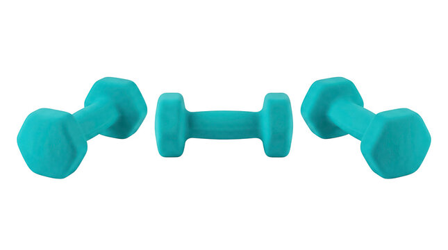 Set of 3 multi-angle views of light blue fitness dumbbell weight strength gym training gear, transparent background, 8K, PNG