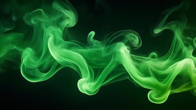 Vivid green smoke swirling dynamically in dark space, forming abstract fluid shapes symbolizing energy, motion, and transformation through luminous color and atmospheric visual art.