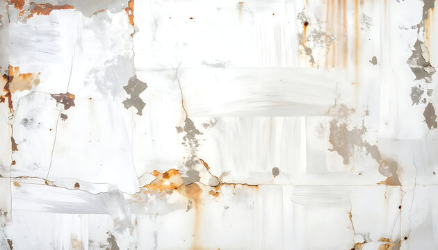 Distressed white metal texture with peeling paint and rust spots, grunge background for industrial design, abstract weathered surface