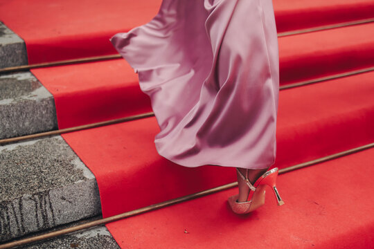 Staircase stairs with red carpet, ropes and golden barriers, luxury party entrance decorations, cinema premiere film festival event award gala, opening ceremony, wealthy rich guests arriving on steps
