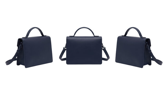 Set of 3 multi-angle views of sleek dark blue structured leather handbag formal fashion purse, transparent background, 8K, PNG