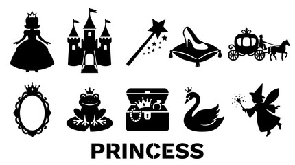 Obraz premium Princess Fairy Tale Silhouette Icons Set Featuring Castle, Magic Wand, Carriage, Glass Slipper, and Frog Prince