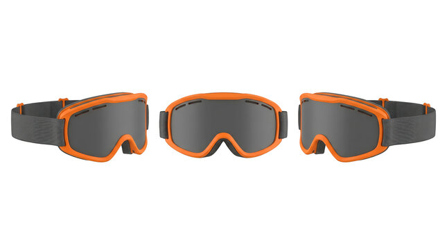 Set of 3 multi-angle views of orange protective winter sports ski snowboarding goggles mask, transparent background, 8K, PNG