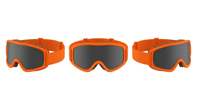Set of 3 multi-angle views of orange and black protective winter ski snowboarding goggles eyewear, transparent background, 8K, PNG